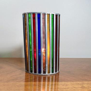 Vintage Rainbow-Striped, Stained Glass Hurricane, Votive or Tealight Shield, Candle Holder - Sun Catcher, Lead Caned, Lantern 