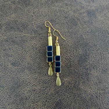 Minimalist earrings, geometric brass earrings, mid century modern earrings, Brutalist earrings, blue hematite earrings, gold dangle 