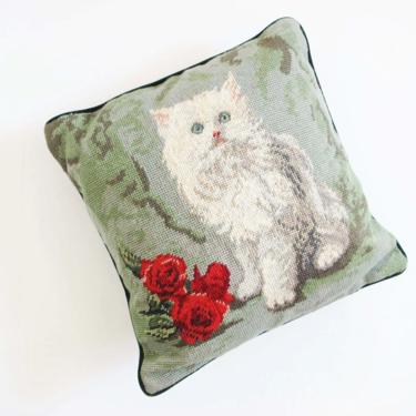 Vintage Cat Needlepoint Pillow - 13x13 Square Embroidered Throw Pillow - White Long Hair Cat Red Roses Accent Pillow - Shabby Chic Cottage 