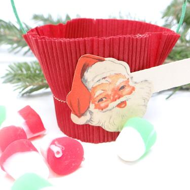 Vintage Santa Christmas Party Favor Basket,  Antique Crepe Paper Candy Container with Place Card, Retro 