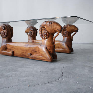 Carved Wood Double Rams Head Coffee Table 
