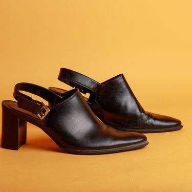 Vintage Black Leather Strap Square Heel Ankle Boots Shoes 