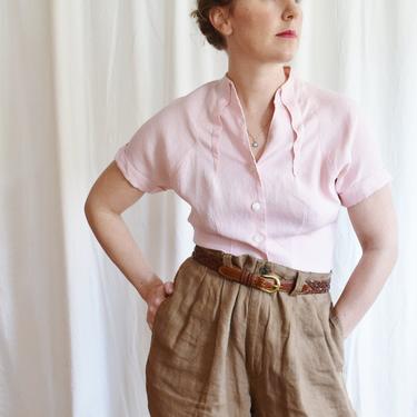 1950s Pink Linen Tailored Blouse | Vintage Top 