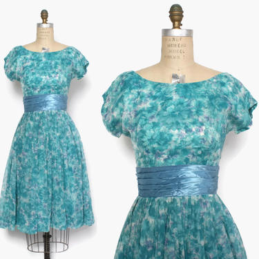 Vintage 60s Floral DRESS / 1960s Teal Chiffon Full Skirt Party Dress S 