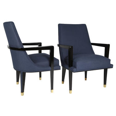 Pair of Elegant Upholstered Lounge Chairs with Brass Sabots 1950s