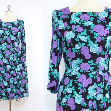 Vintage 80's Purple and Blue Floral LANZ ORIGINALS Sheath Dress / 1980's Floral Dress with Pockets / Women's Size Large - XL by Ru