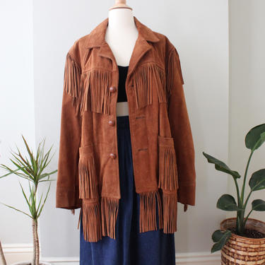 Vintage Brown Suede Long Fringe Western Jacket Unisex Size M L 
