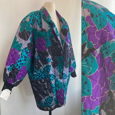 Fab 80's Vintage QUILTED SILK COCOON Jacket / Leopard + Floral + Gold Lurex / New With Tags 