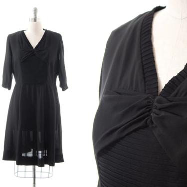 Vintage 1940s Dress | 40s Black Rayon Pintuck Bow Fit and Flare LBD Cocktail Evening Dress (x-large) 