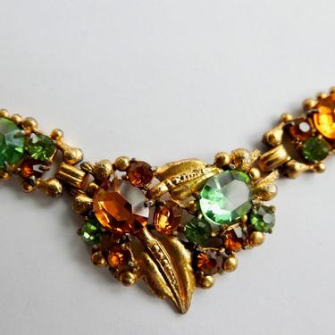 1930s Open Set Green and Gold Glass Gold tone Leaf Necklace 