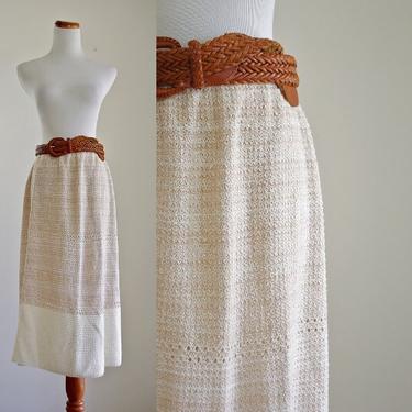 Vintage Knit Skirt, Oatmeal Cream and Beige Boho Skirt, Elastic Waist Skirt, 80s Skirt, Medium Large 