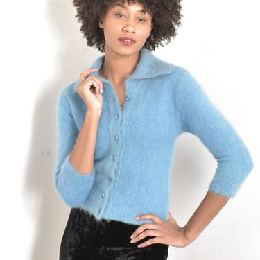 Vintage 1950s Sweater / 50s Angora Knit Cardigan / Blue ( medium M ) 