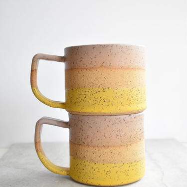 Pink Blush, Mustard Yellow, and Cream White Stripe and Speckled Stoneware Mug 