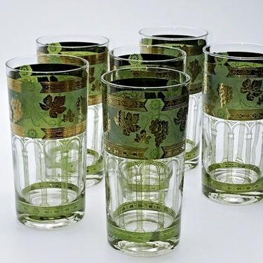 Vintage green & gold barware tumblers by Cera Glass Golden grape tall cocktail glasses Whiskey bourbon Highball bar glasses 