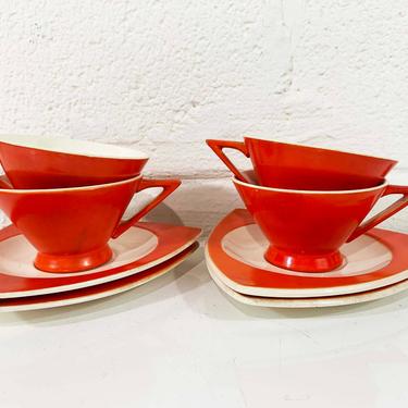 True Vintage Salem Tricorne China Set Two Coffee Cups Saucers Atomic Art Deco Streamline Mandarin Orange Red Mid-Century Triangular Tea 30s 