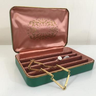 Vintage Green Farrington Jewelry Box Red Rose Pink Gold Floral Clamshell Travel Case Velvet Vanity Retro Storage 1950s USA Texol 
