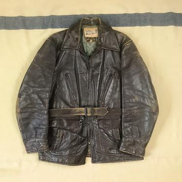 Size 44 Vintage 1940s Men’s Brown Horsehide Half Belted Back Leather Car Coat 