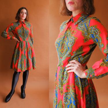 Vintage 60s Paisley Shirtwaist Dress/ 1960s Red Long Sleeve Mini Dress/ Size Small 25 