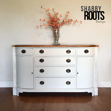 SOLD- Vintage Farmhouse buffet sideboard cabinet. White with a rustic wood top. Large Bow front mahogany shabby chic antique. San Francisco by Shab