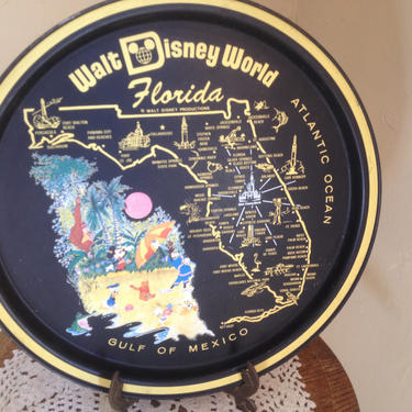 Wonderful Florida Walt Disney World State Souvenir Black metal tray with Map - Disney characters 