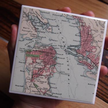 1922 San Francisco California Handmade Repurposed Vintage Map Coaster - Ceramic Tile - Repurposed 1920s Times Atlas - Bay Area - West Coast 