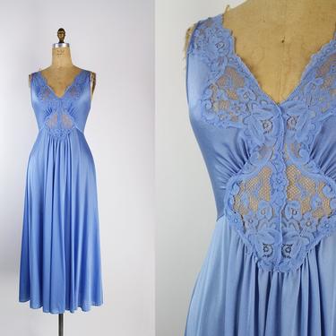 70s Olga Style Nightgown Blue Slip Dress / Full Slip / Wedding Slip/ Lace lingerie/ Maxi dress/ Miss Elaine /Size S/M 