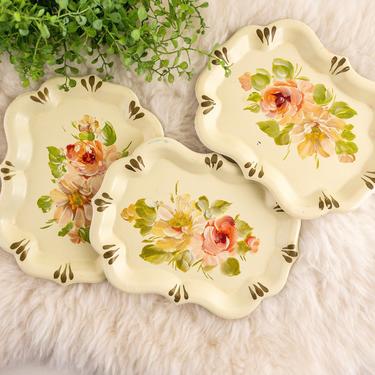 Set of 3 Small Handpainted Toleware Trays, Mini Tin Trays with Roses, Tip Trays 