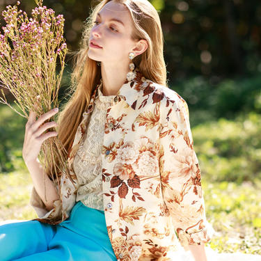 80s Cream Foliage Floral Silk Robe Vintage Flower Beige Long Sleeve Jacket 