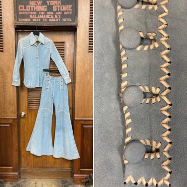 Vintage 1970s North Beach Whipstitch Baby Blue Suede Hippie Shirt Pants Outfit, 1960s, 2 Piece, Pant Set, Pant Suit, Whipstitch, North Beach 