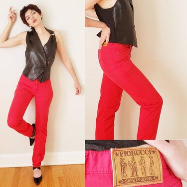 Vintage Fiorucci Red Pants Safety Jeans /70s 80s Disco Fitted Skinny Pants Designer / Small 