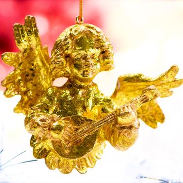 VINTAG: Gold Foiled Resin Angel Ornament - Angle Playing Mandolin  - Holiday, Christmas, Xmas - Musician Angel - SKU 15-E1-00033298 