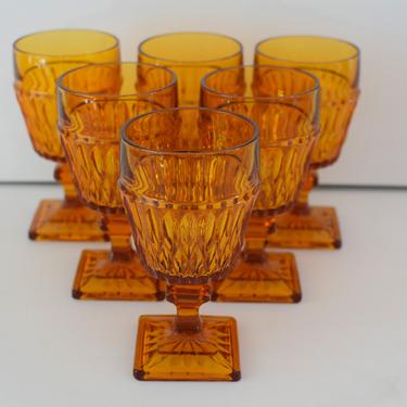 Vintage Amber Wine Glasses. Diamond Patterned Yellow Wine Goblets. Indiana Glass Amber Glasses. 