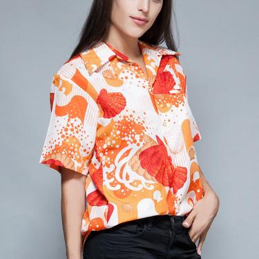 vintage 70s Hawaiian shirt orange sea shells wave print polyester M MEDIUM 