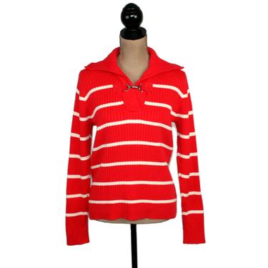 Red & White Striped Sweater, Ribbed Cotton Knit Pullover, Casual Clothes for Women Medium Large, 90s Y2K Vintage Clothing from Ralph Lauren 