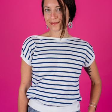 Vintage YVES SAINT LAURENT 80s Nautical Boatneck Navy and White Striped Top 