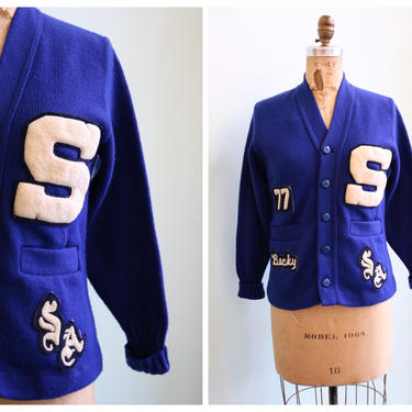 Vintage 1977 Blue Knit Letterman's Sweater | Size Small 