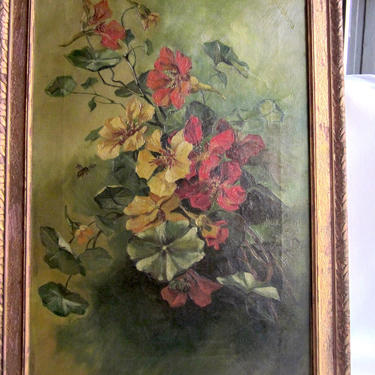 1920s Oil on Canvas Framed Still Life of Red and Yellow Nasturtium Flower Blossom Bouquet and Buzzing Honey Bee 