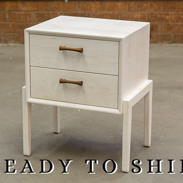 Bleached Maple Nightstand, Mid Century Modern Bedside Table, Nightstands with Two Drawers 