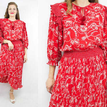 Vintage 80's Red Diane Freis Dress / 1980's Diane Freis Ruffled Dress / Silky polyester / Women's Size XL/Plus Size 1X/2X by Ru