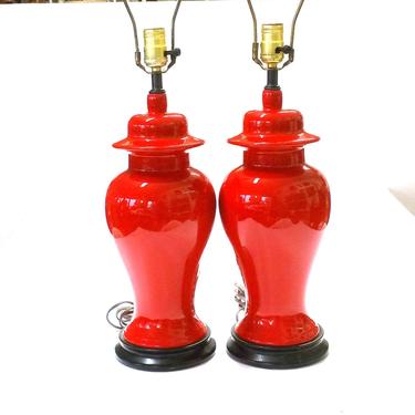 Hollywood Regency Cherry Red Ginger Jar Lamps 