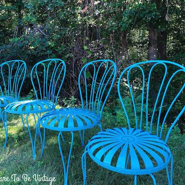 Vintage 1930's French Wrought Iron Chairs - Vintage Turquoise Wrought Iron Chairs - 1930's French Sunburst Garden Chairs by Francois Carre 