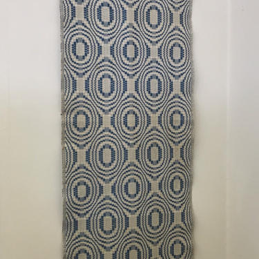 Vintage Handwoven Blue and White  Geometric  44” by 14.5” Rug 