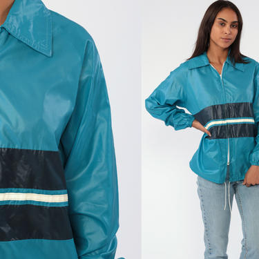 70s Windbreaker Jacket Blue Striped Jacket Shiny Nylon Jacket 80s Jacket Light Vintage 1970s Lightweight Retro Blue Small Medium 