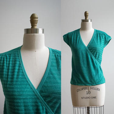 Vintage 1970s Teal Top / Vintage Wrap Shirt / Vintage 1970s Top / Green Teal Top / Helen Sue Shirt Small Medium 