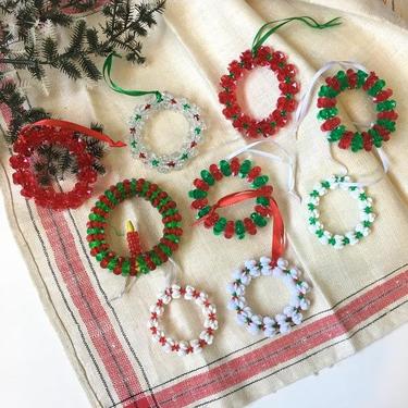 Beaded Christmas wreath ornaments - set of 9 - vintage tree and package decor 