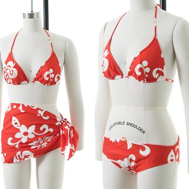 Vintage 1960s Bikini Set | 60s Hawaiian Floral Cotton Red White String Low Rise Bikini &amp; Sarong Coverup Outfit (x-small) 