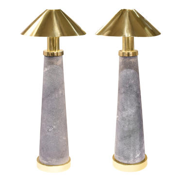 Karl Springer Rare Pair of "Lighthouse Lamps" in Shagreen and Brass 1980s