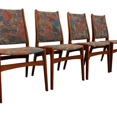 Set of 4 Mid-Century Danish Modern Flame Stitch Teak Dining Chairs 