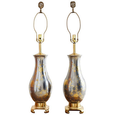 Pair of Chinese Pewter and Brass Vase Table Lamps by ErinLaneEstate