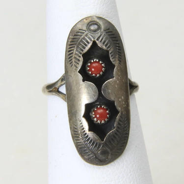 Vintage Native American Sterling &amp; Double Coral Shadowbox Ring Dainty Oval Sz 4 